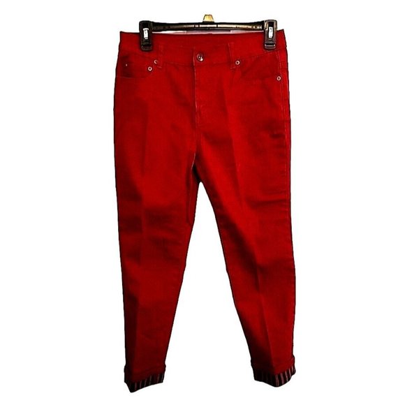 Size 4Petite DG2 by Diane Gilman Red Denim Jeans NEW Striped Rolled Hem - Picture 1 of 9